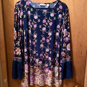 Susan Graver Navy Floral Lace-Cuff Long Sleeve Tunic Top